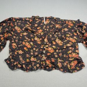 Free People Secret Garden Crop Top Size XS Black‎ Floral Ruffle Button Down Boho